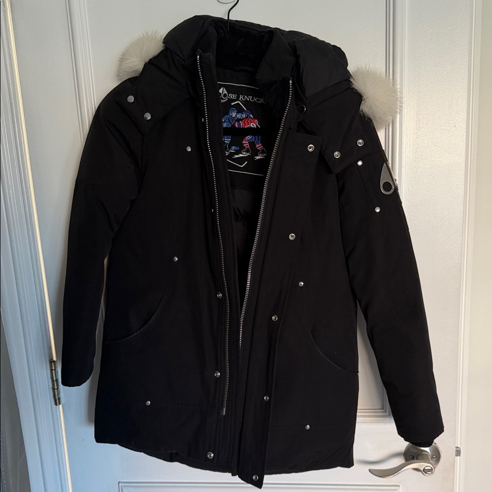 Moose Knuckles Black Puffer Jacket with Fur Trim